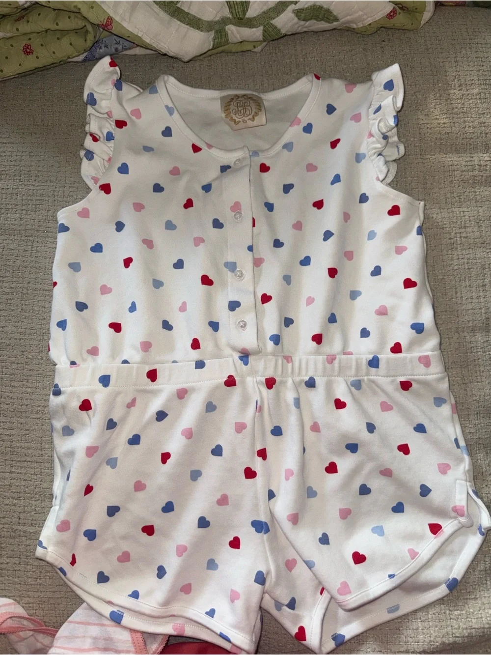 TBBC White Heart-Print Girls' Romper - Pink & Blue Hearts